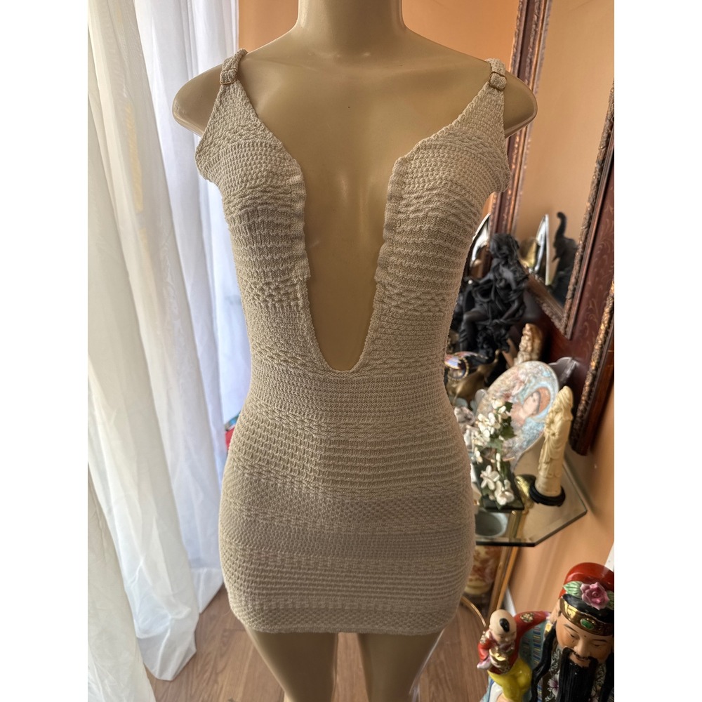 Fashion Nova Metallic Gold Knit Deep Plunge Open Back Bodycon Mini Dress Medium